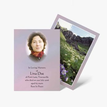 a funeral card with a photo of a woman in a field of flowers