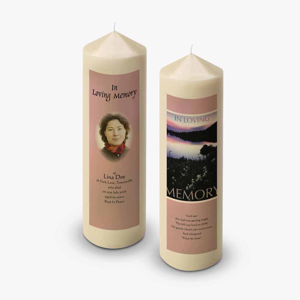 two candles with pictures of a woman and a man