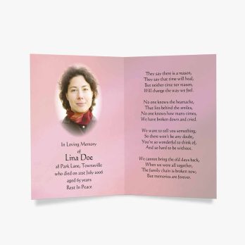 a pink funeral card with a photo of a woman in a pink dress