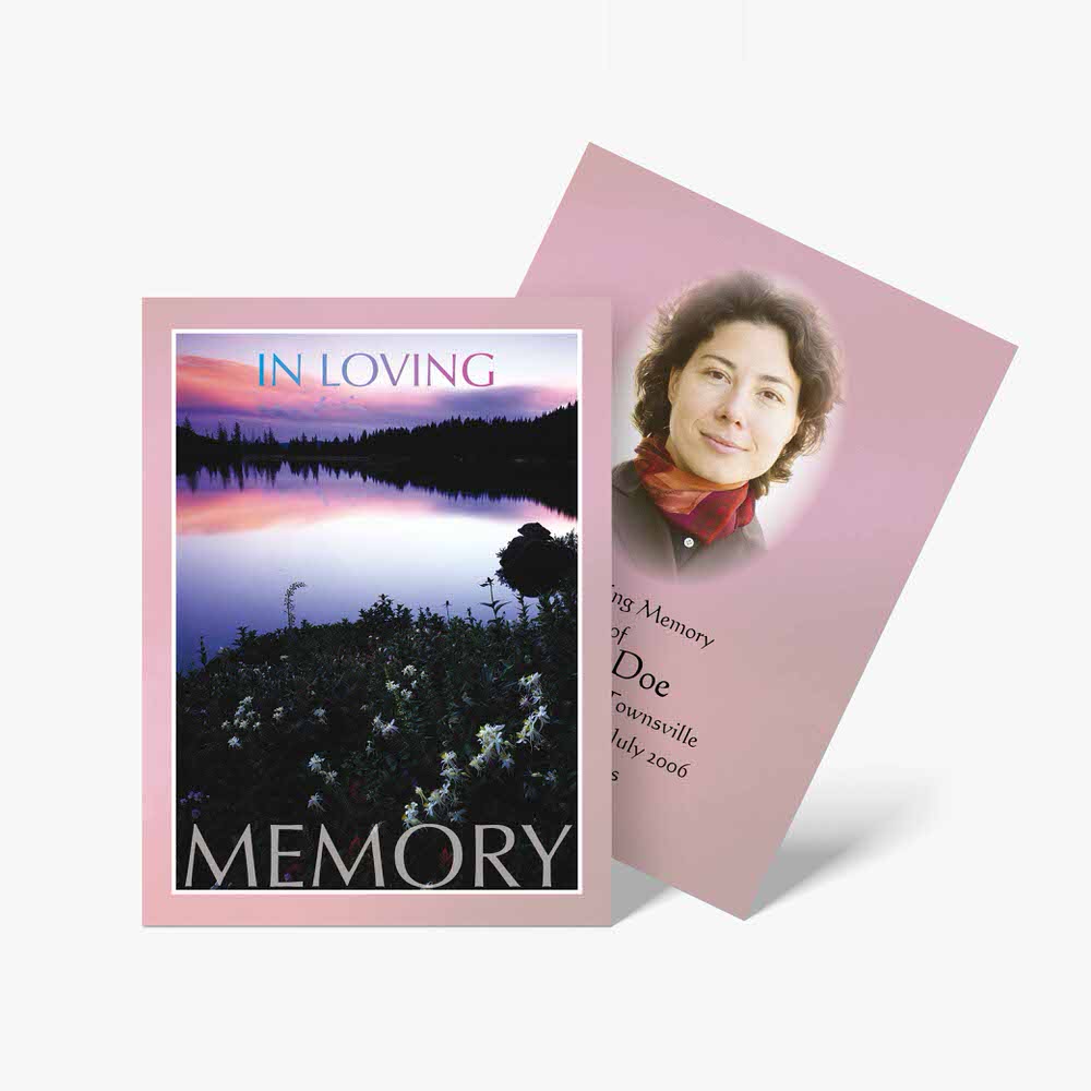 memorial cards with a photo of a woman in a pink dress