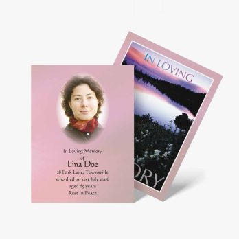 pink funeral cards with a photo of a woman in a pink dress