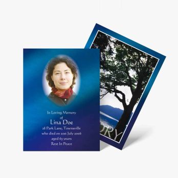 blue and white funeral card