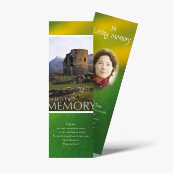 a green bookmark with a picture of a castle