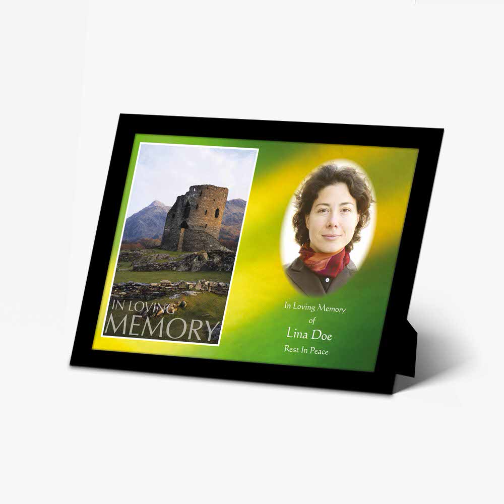 a photo frame with a picture of a woman in front of a castle