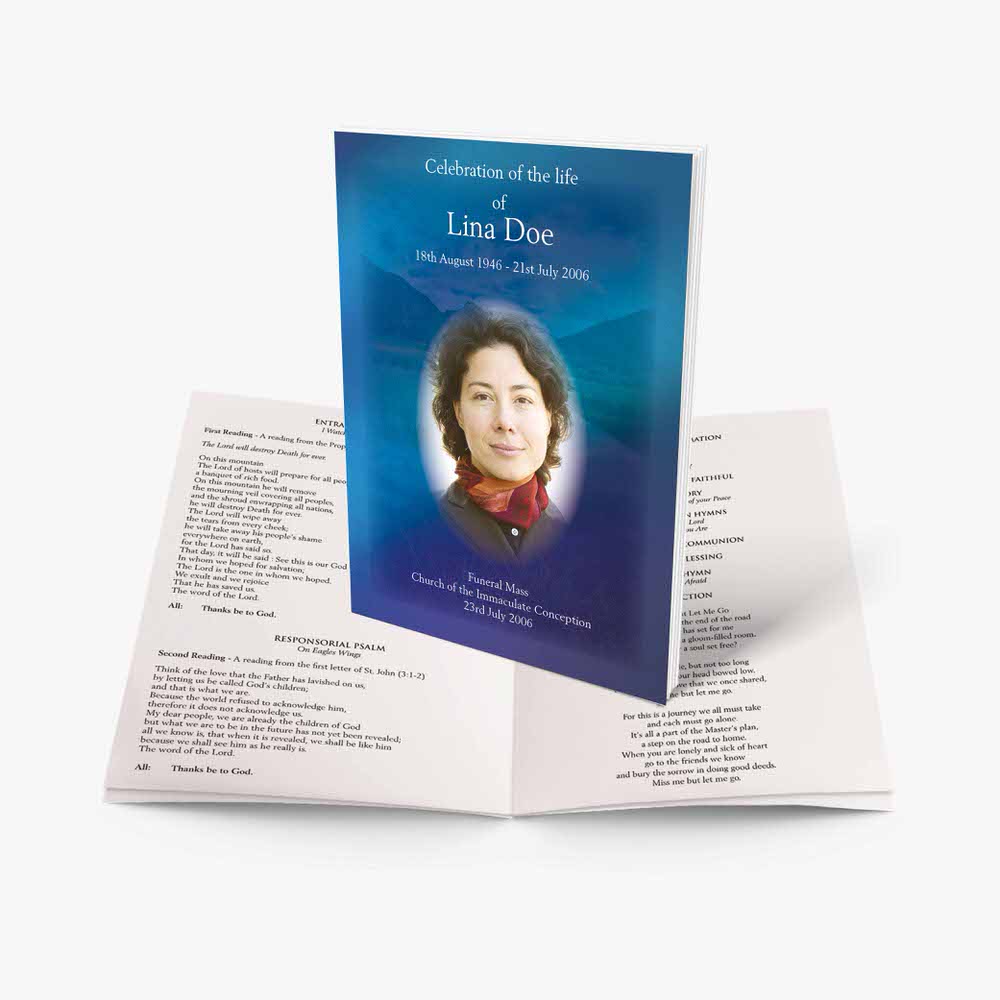 a blue and white funeral program template