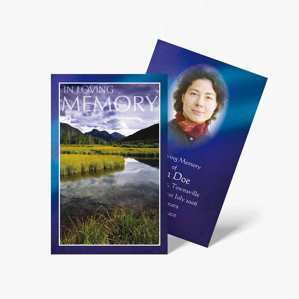 a blue and purple card with a photo of a woman in the water