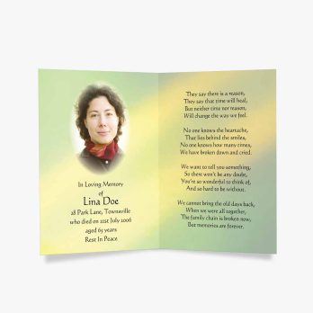 a funeral prayer card with a photo of a woman in a red scarf