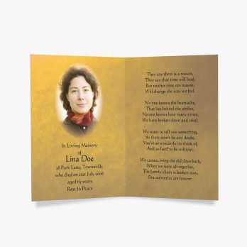 a beautiful funeral card with a photo of a woman in a red scarf