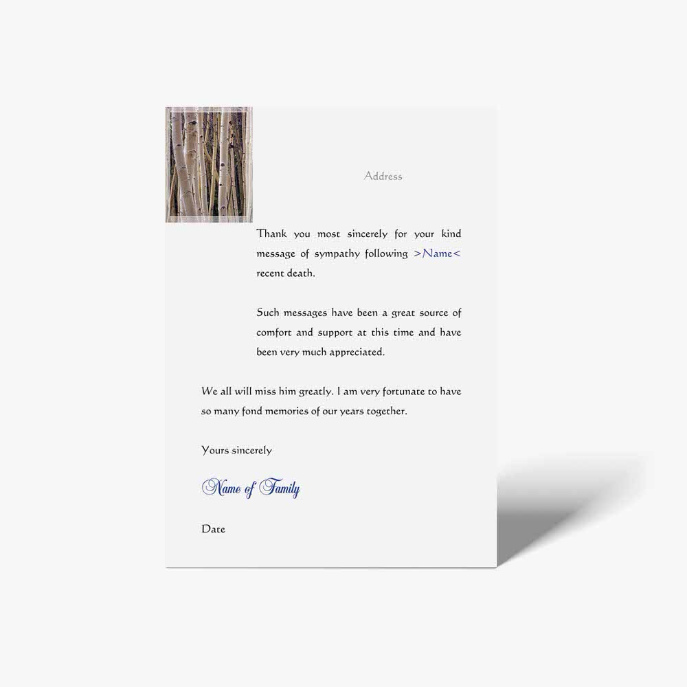 thank you card with a photo of a birch tree