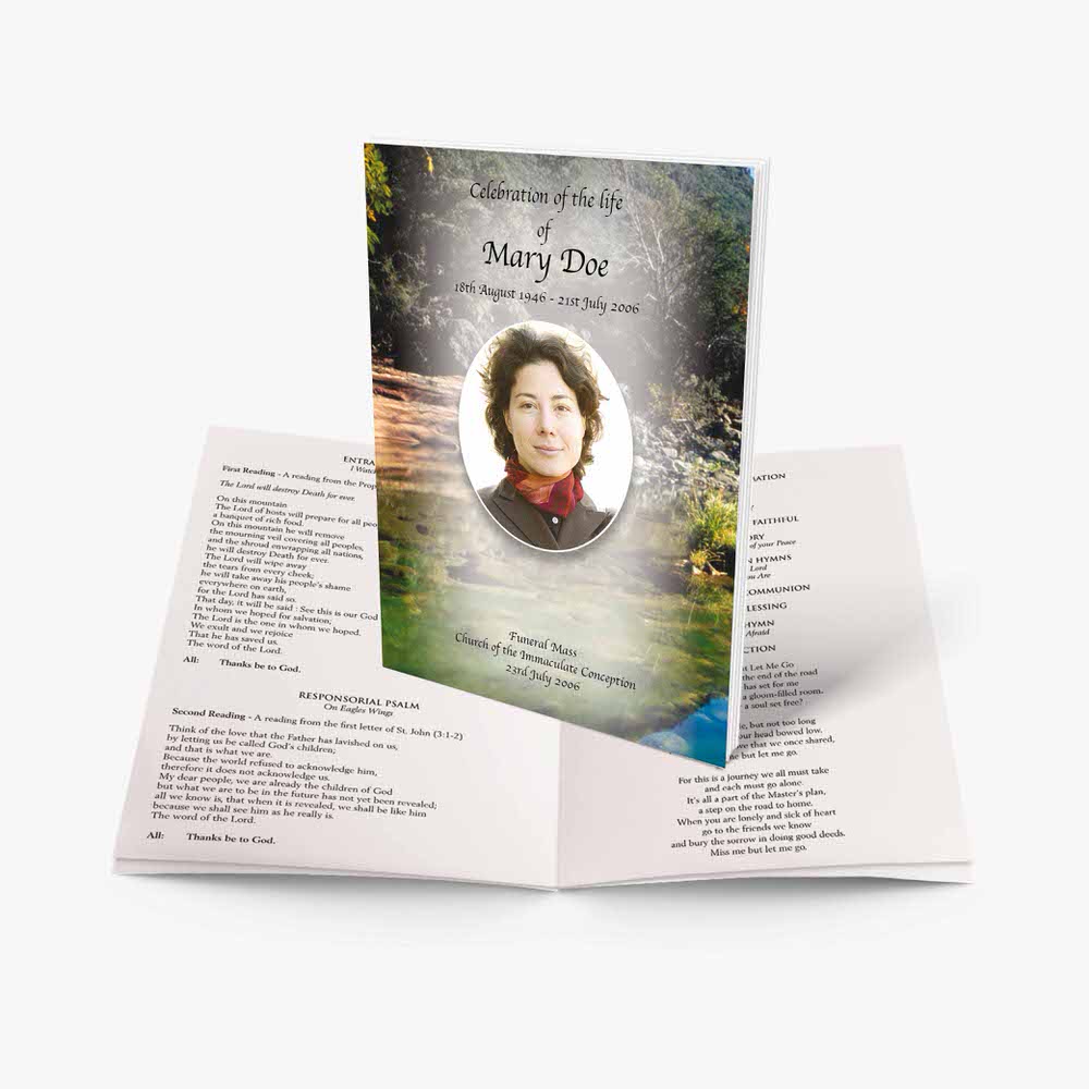 a funeral program template with a photo of a woman in a forest