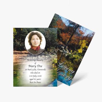 a memorial card with a photo of a woman in a river