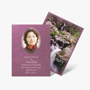 a beautiful purple funeral card with a waterfall and a woman in a purple dress