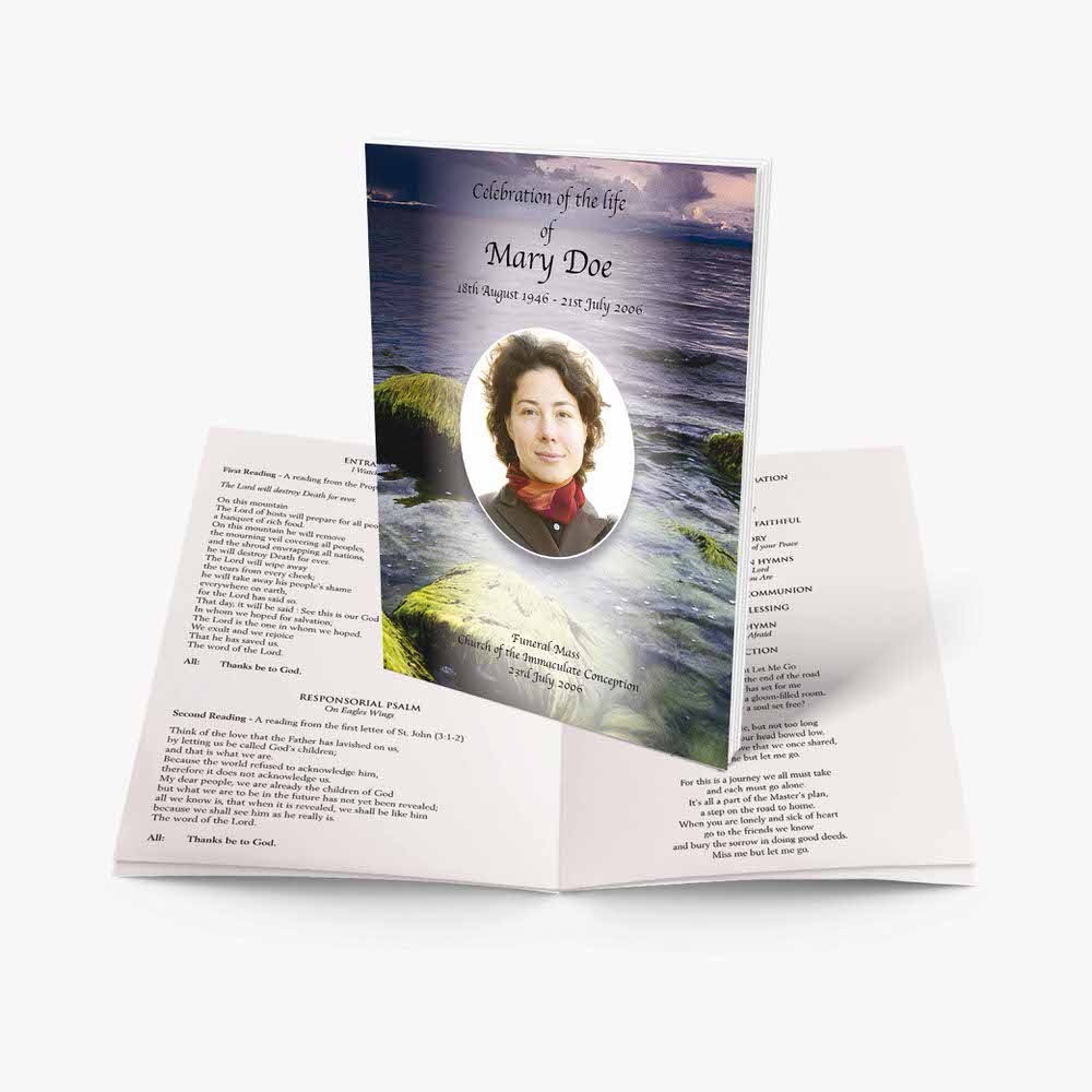 a funeral program template with a photo of a woman in a red dress