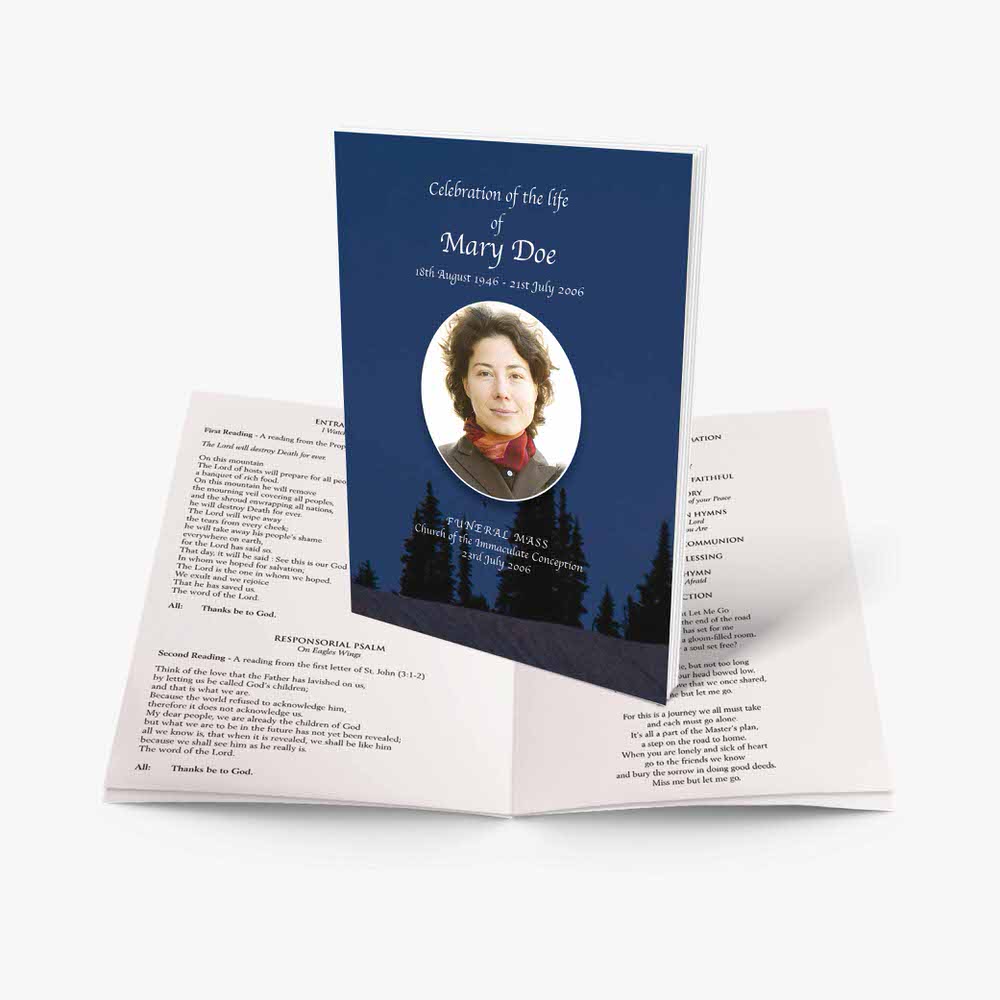 a funeral program template with a photo of a woman in a forest