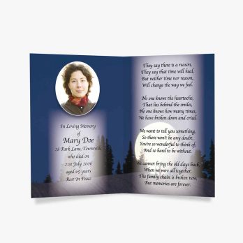a funeral program with a poem and a photo of a woman in a forest