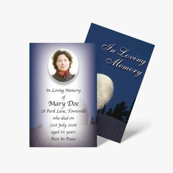 a funeral card with a photo of a woman in the moon