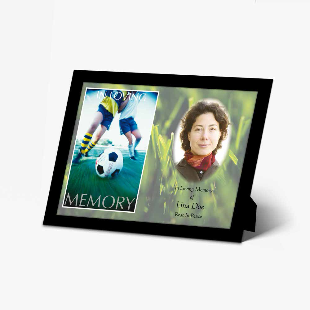 a photo frame with a soccer ball and a woman's face