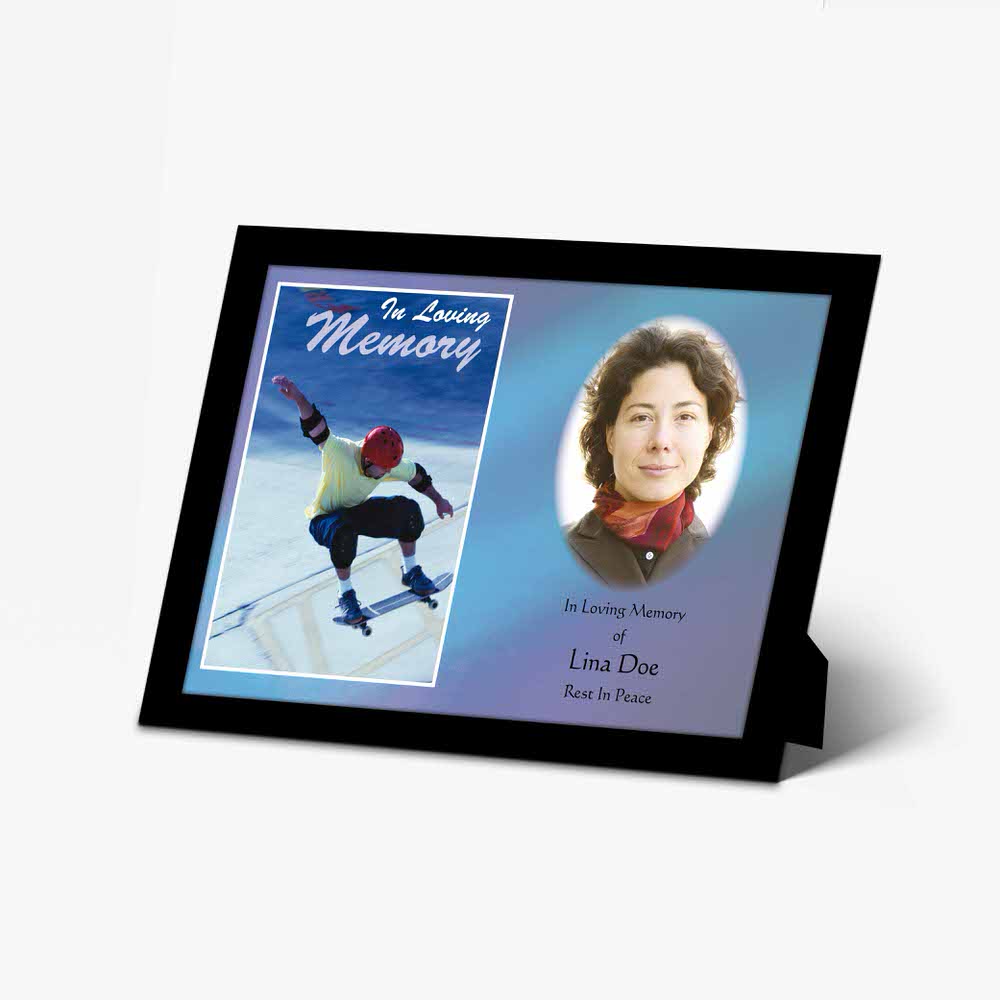 a memorial photo frame with a picture of a skier