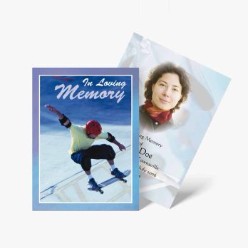 a memorial card with a photo of a man on a skateboard