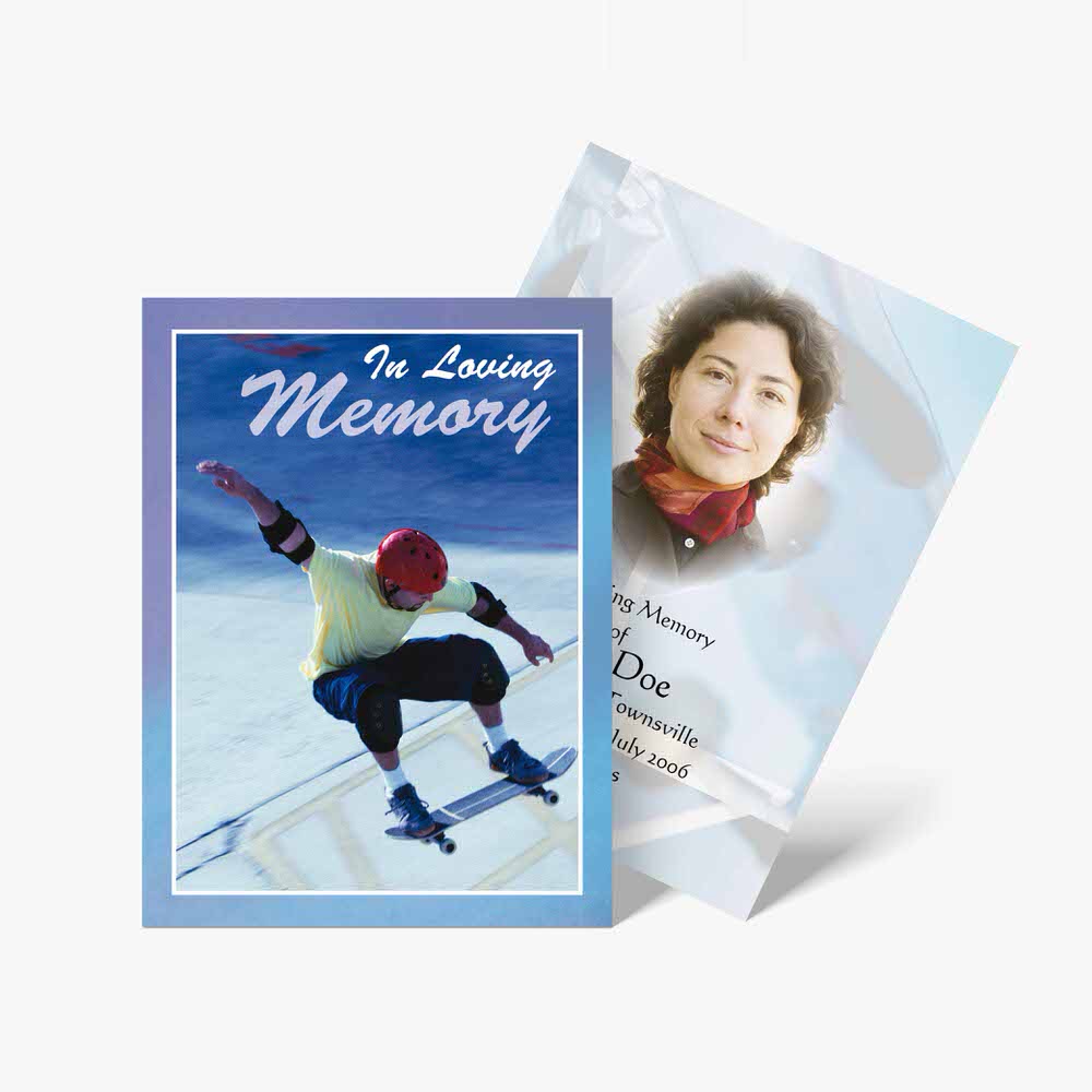 a memorial card with a photo of a man on a skateboard