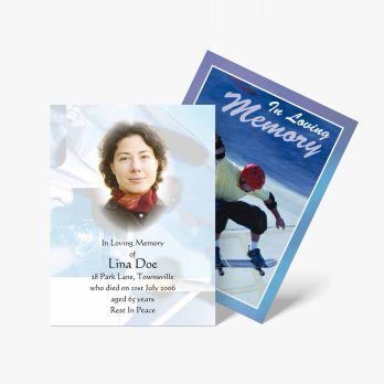 a memorial card with a photo of a woman on a snowboard