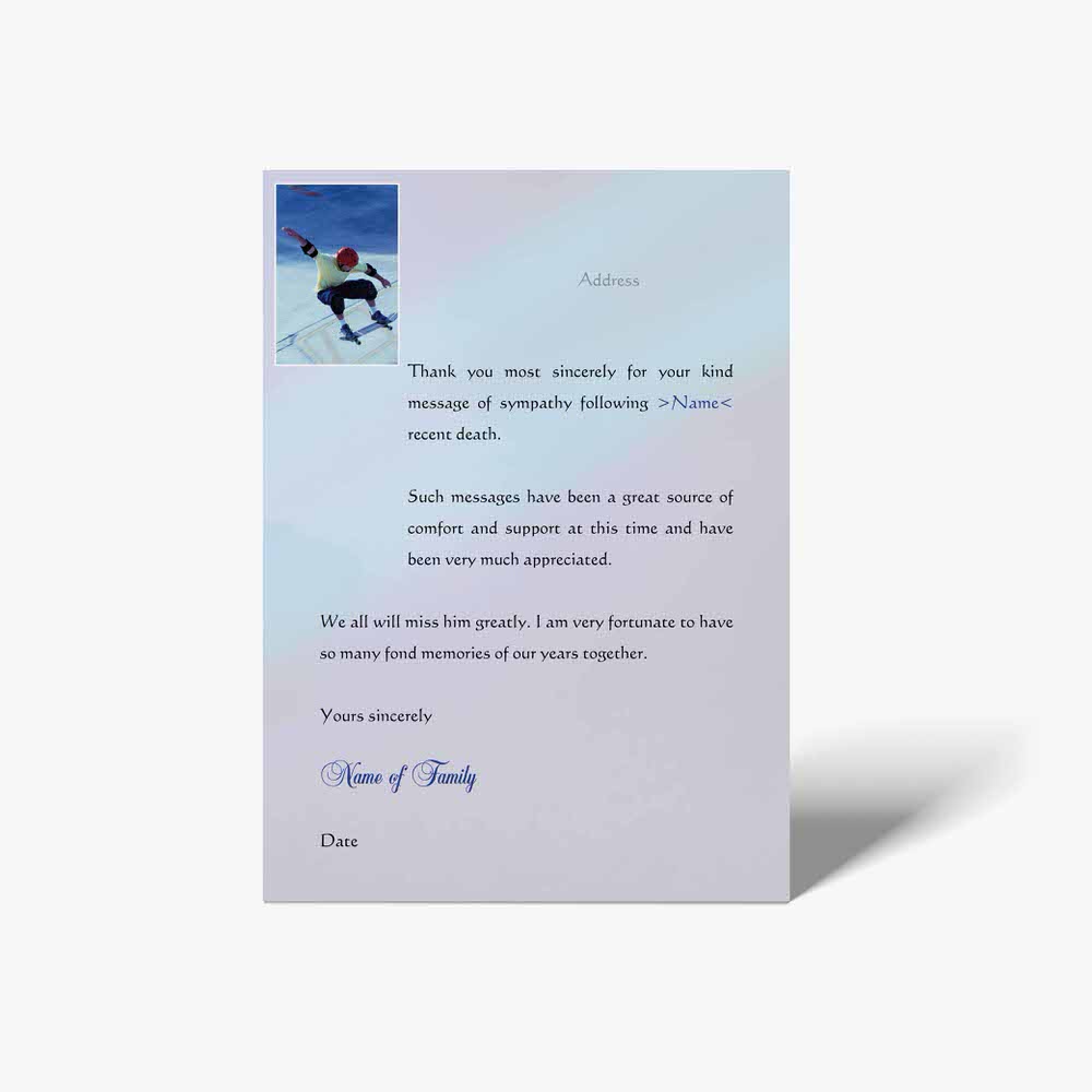 a thank card with a photo of a person on a snowboard
