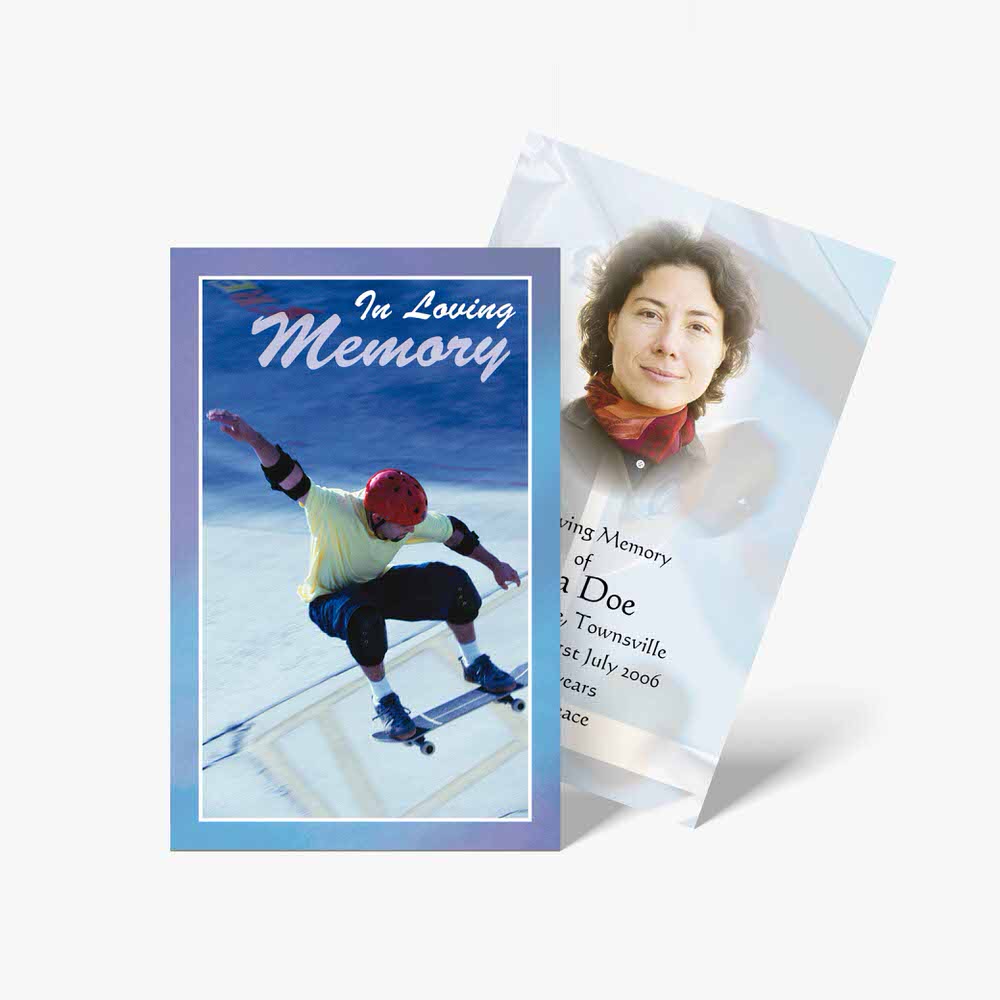 memorial cards with a photo of a skater