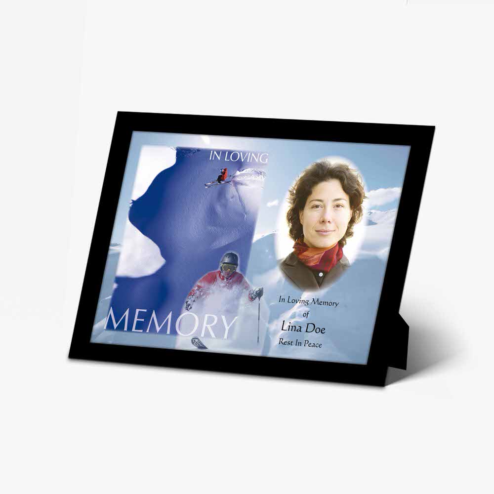 a photo frame with a woman on a snowboard