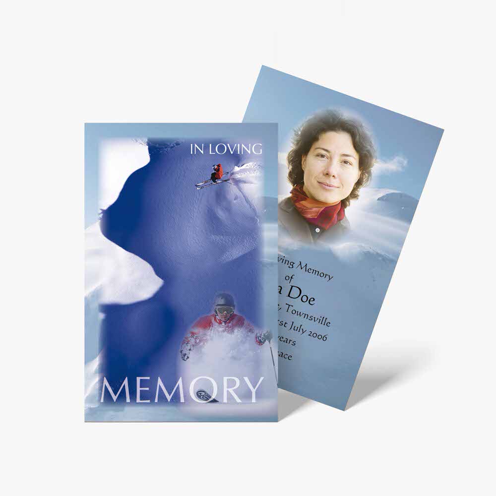 a memorial card with a photo of a skier