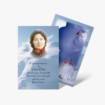 a memorial card with a photo of a skier