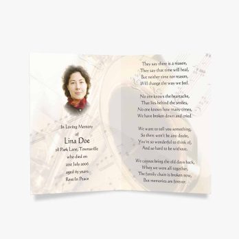 memorial card with music notes