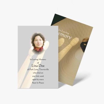 a funeral card with a photo of a woman and a drum