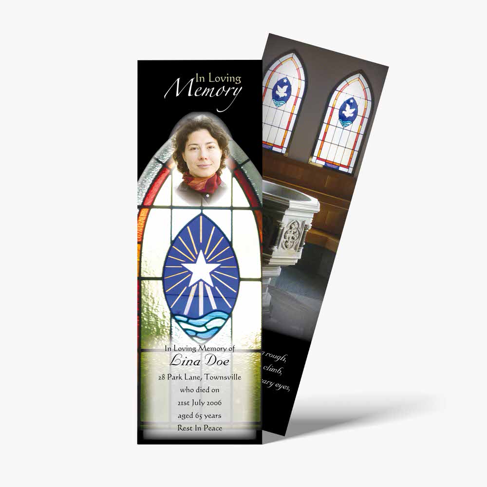 a bookmark with a photo of a woman in a stained glass window