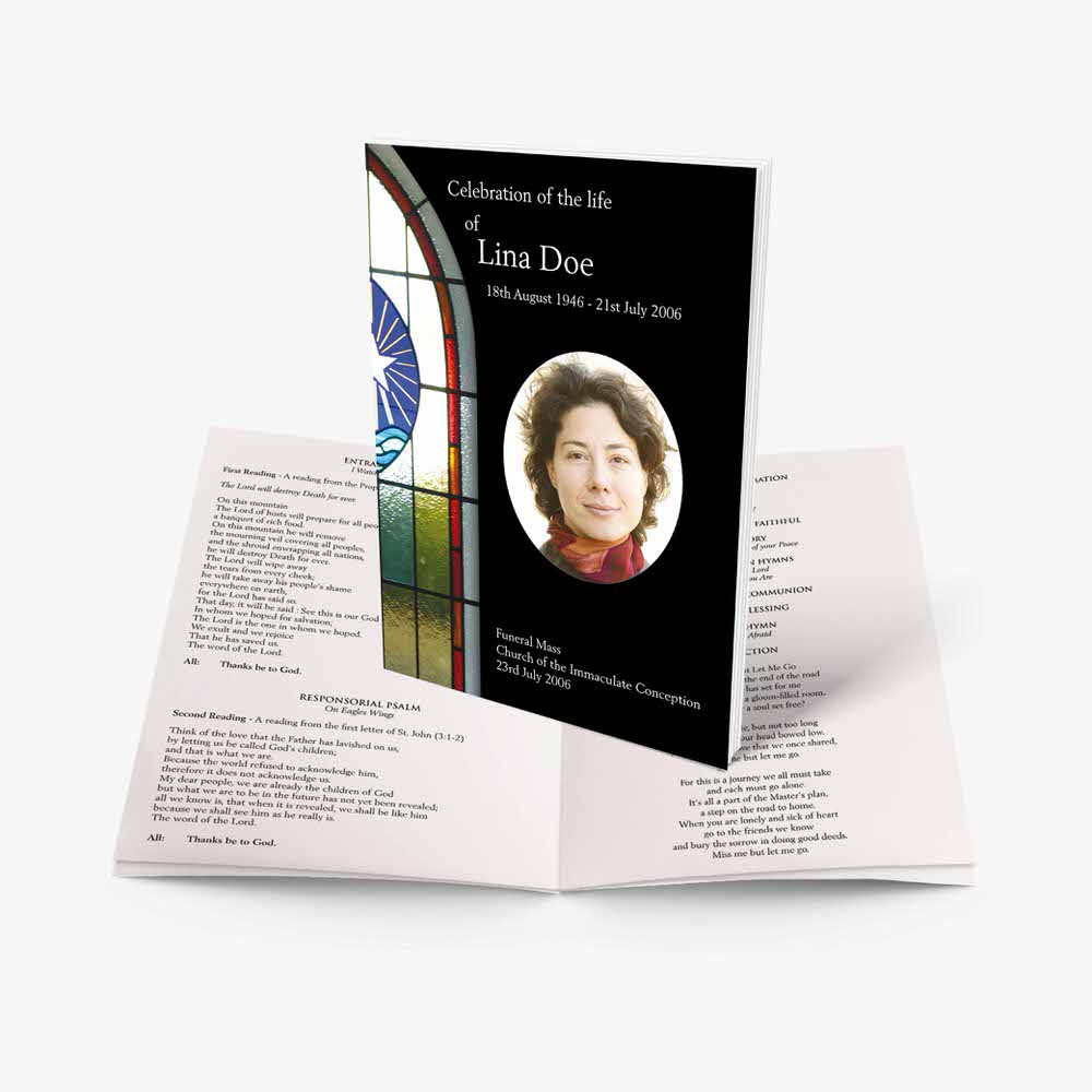 funeral program template with a photo of a woman in a church