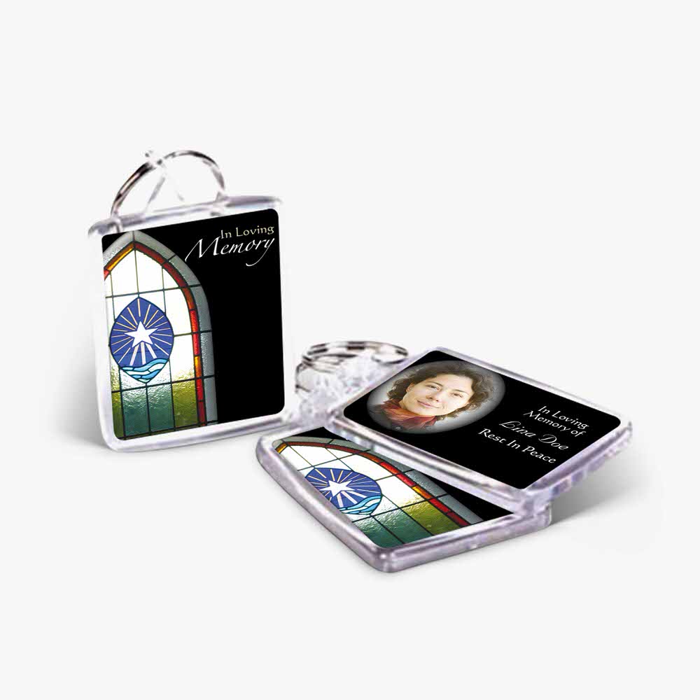 a photo keychain with a photo of a woman in a church window