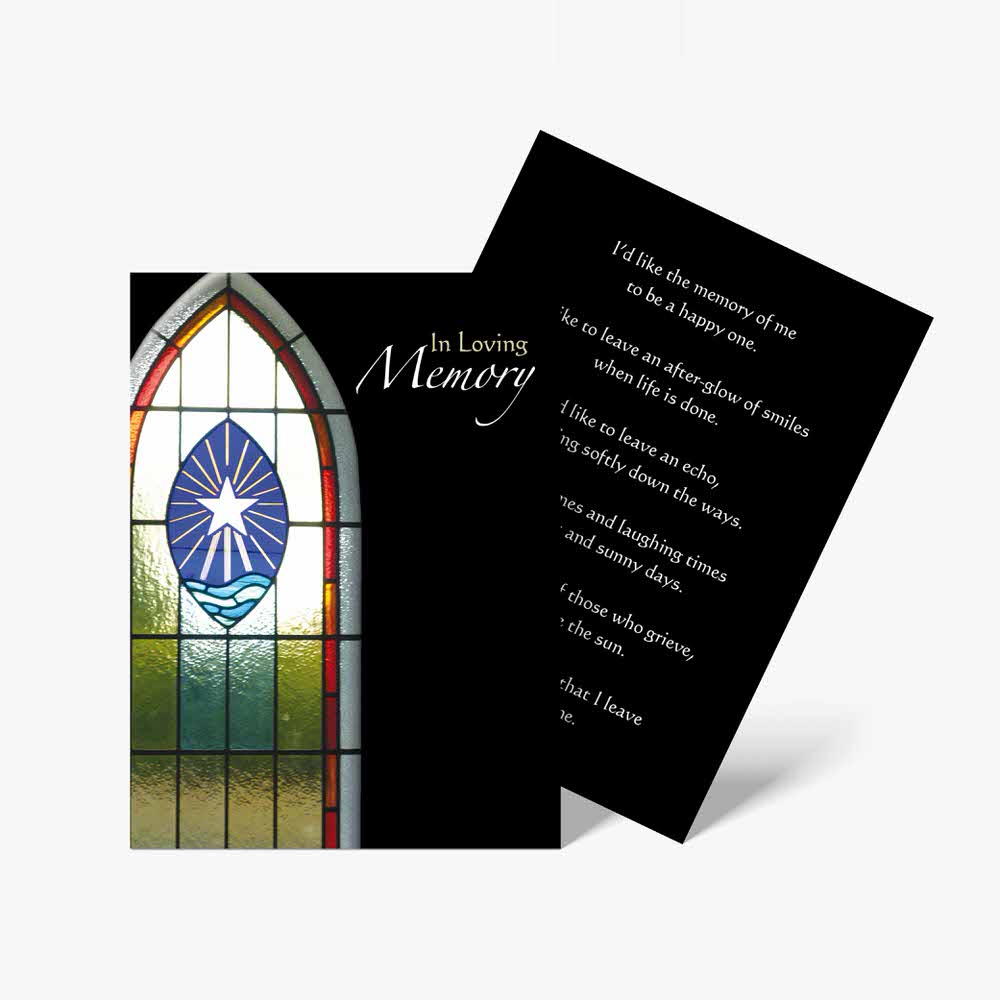 memorial card with stained glass window and poem