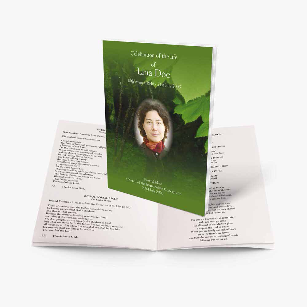 a funeral program template with a leafy background