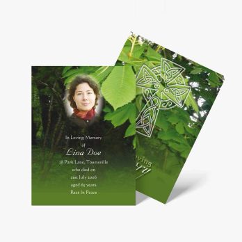 green funeral cards with a photo of a woman in a green dress