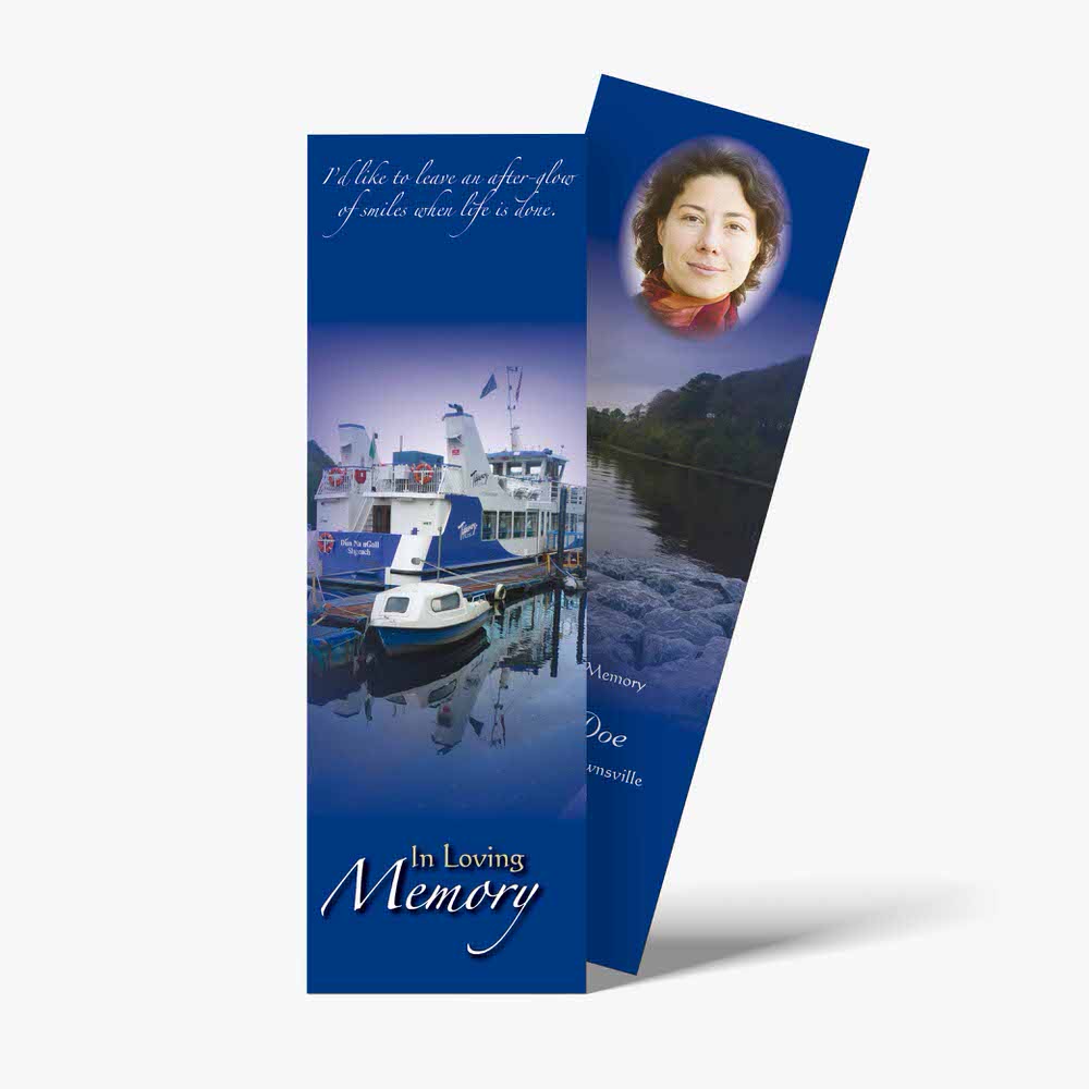 a bookmarks with a photo of a boat and a woman