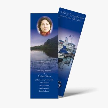 a blue bookmark with a photo of a woman on it