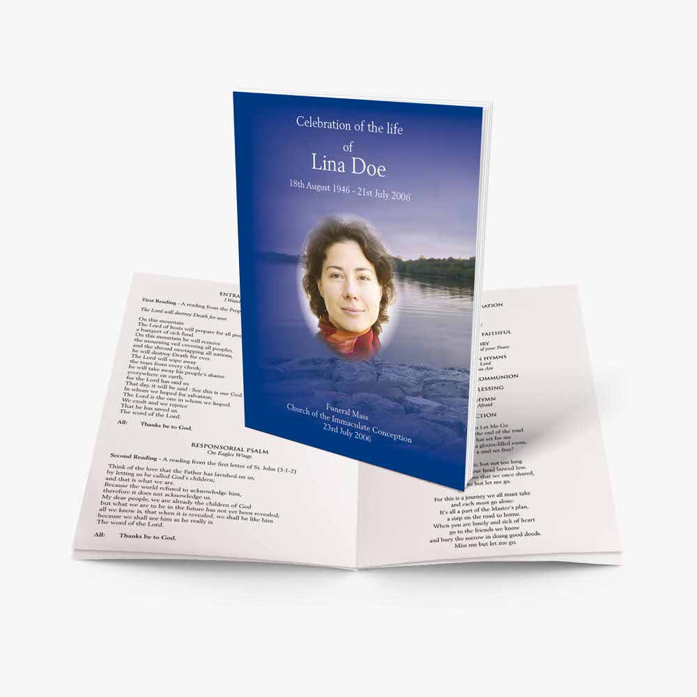 a blue and white funeral program template