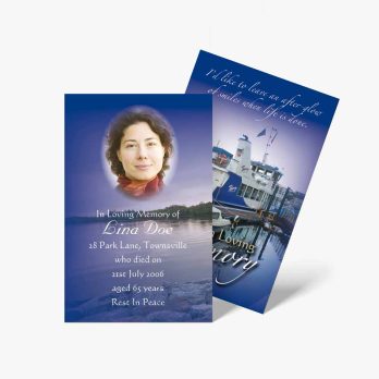 a funeral card with a photo of a woman on the water