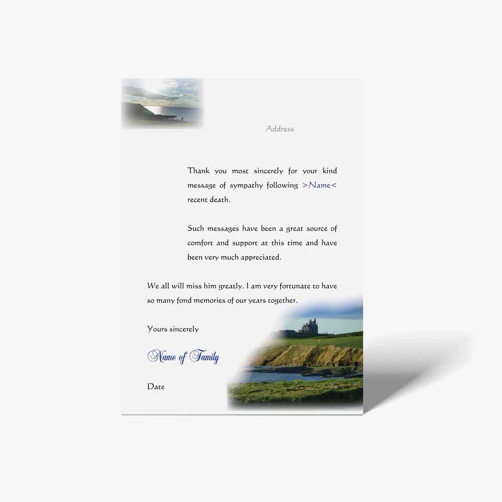 thank you card with a photo of a castle and a lighthouse