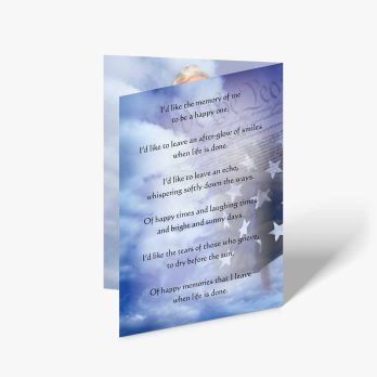 memorial card with a photo of a soldier in the sky and a poem
