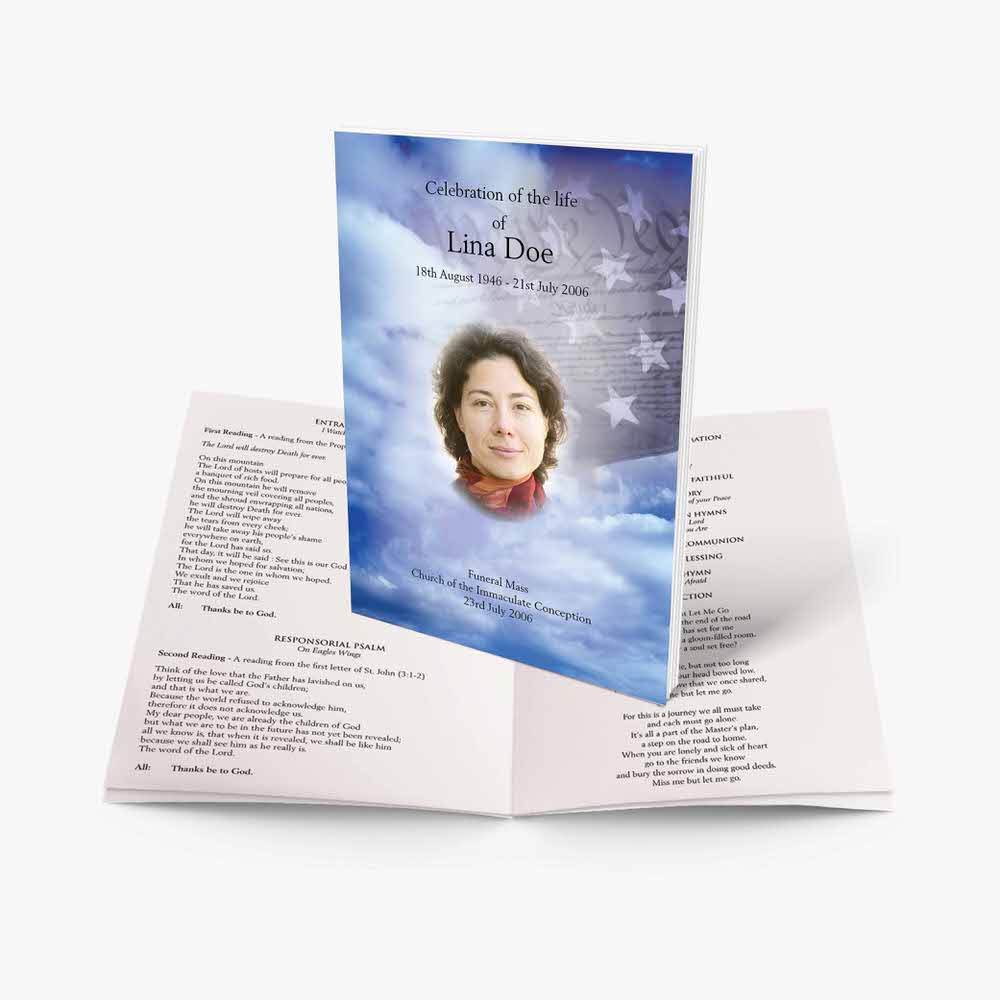 a funeral program template with a photo of a woman in a blue sky