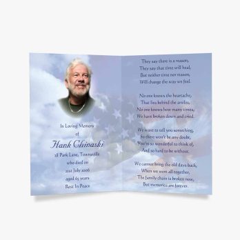 memorial card with photo of a man in a white shirt and blue background