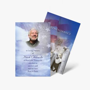 a funeral card with a photo of a man in a white suit