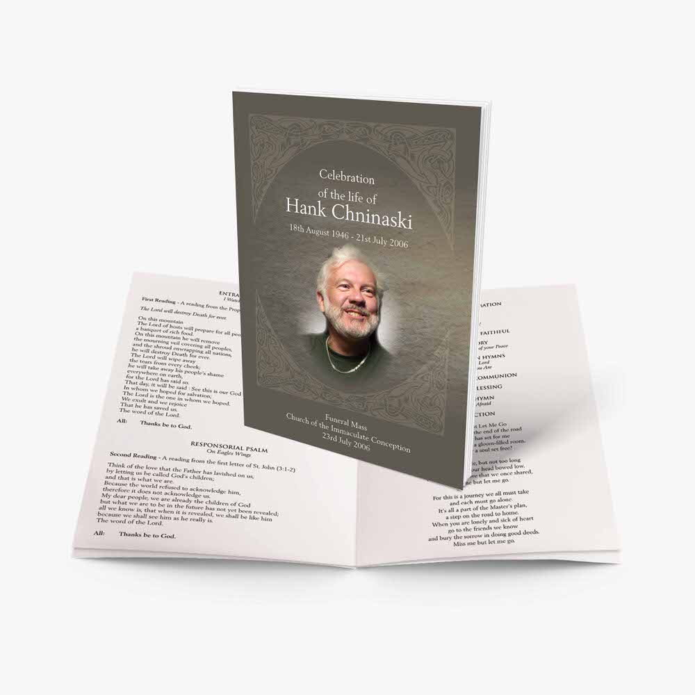 a funeral booklet with a photo of a man in a suit