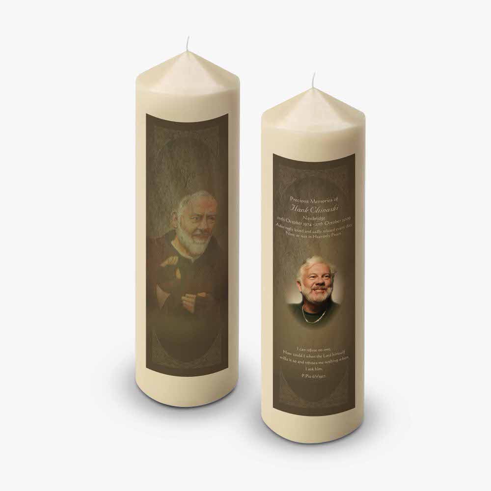 two candles with an old man and a woman on them