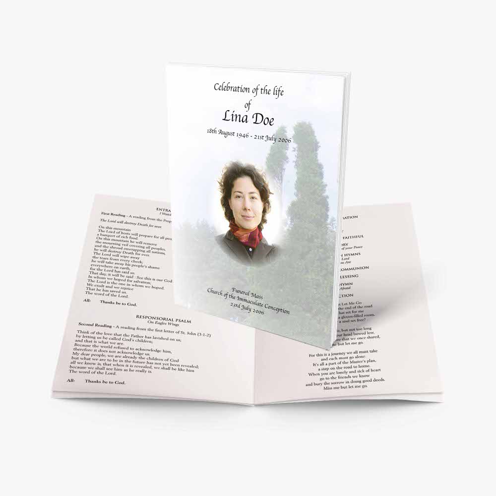 a funeral program template with a photo of a woman in a red dress